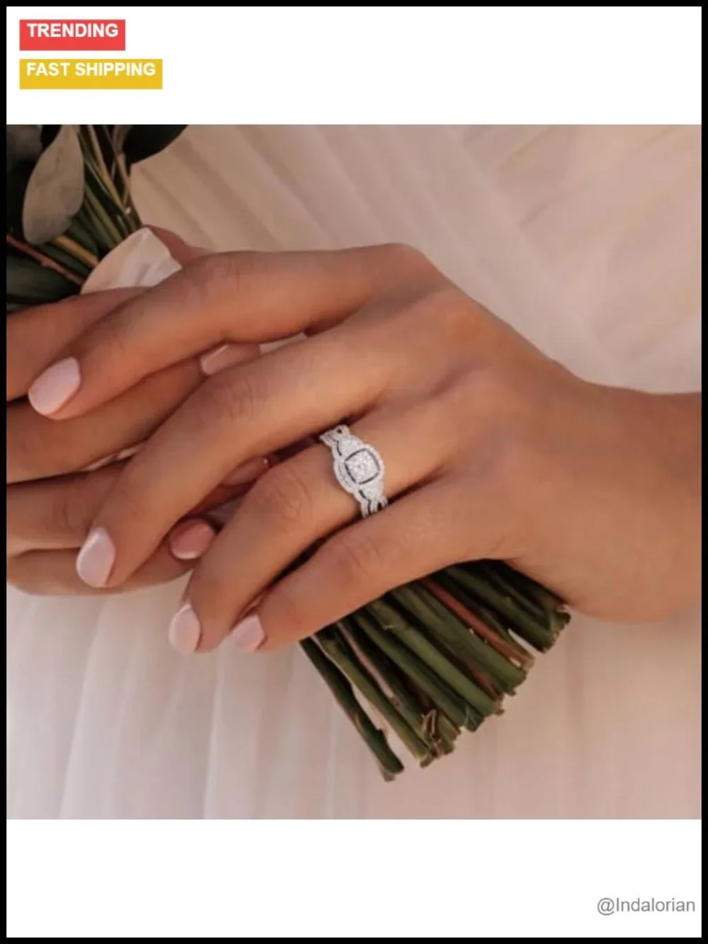 Halo Wedding Ring Set White Gold Silver Plated Cubic Zirconia Bridal Rings